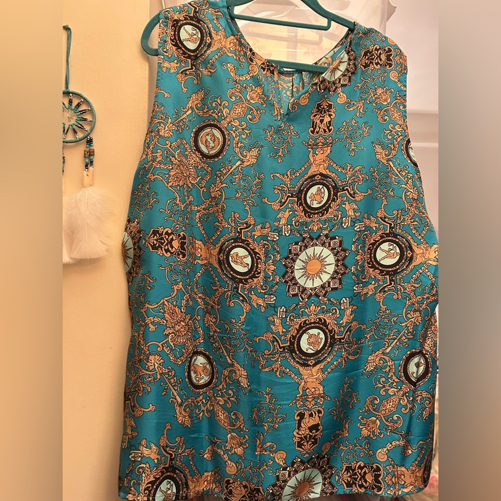 Talbots NWOT Silk File Top Zodiac Print sz 20 sleeveless turquoise, gold, white - Picture 11 of 15